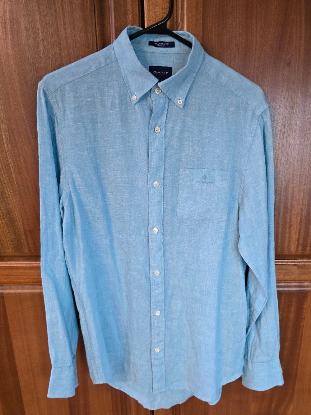 Grant Mens Blue Pure Linen Button Down Shirt Large Long Sleeve S